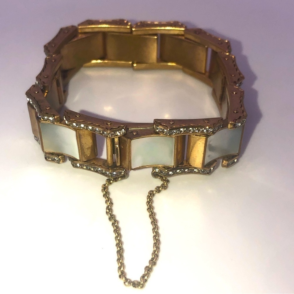 VTG Art Deco Rhinestone MOP Panel Gold /Brass Tone Bracelet w Safety Chain 6.5”